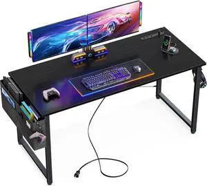 Small Desk with Power Outlets and USB Port Computer Desk for Home Office Gaming Simple Modern Style Writing Desks with Storage Bag Headphone Hook, 48 inch, Black