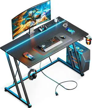 39 Inch Small Gaming Desk with LED Lights & Power Outlet, Computer Desk for Small Space, Gaming Table with Carbon Fiber Texture, Kids Desk Gift for Boys Men, Black