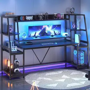 Gaming Desk 78.8'' with LED Lights, Hutch and Storage Shelves, Computer Desk with Monitor Stand, Large PC Gamer Desk Workstation, Ergonomic Gaming Table for Bedroom, Living Room, Black