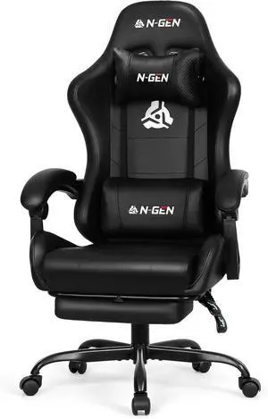 Video Gaming Chair with Footrest Lumbar Support for Home Office High Back Recliner Height Adjustable Ergonomic Comfy Leather Computer Desk Chair (Black)