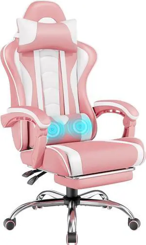 Gaming Chair, Video Game Chair with Massage Lumbar Support and Footrest Height Adjustable Ergonomic Computer Chair with Swivel Seat and Headrest, Pink/White
