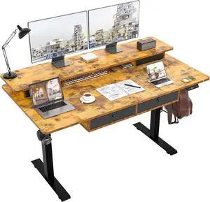 Electric Standing Desk, 63 * 30 Inches Adjustable Height with 4 Drawers, Double Storage Shelves Stand Up Desk, Home Office Workstation Sit Stand up Desk (Rustic Brown)