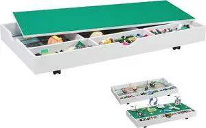 2 in 1 Construction Play Table Compatible with Lego, Game Table with Block Board and Train Car, Rolling Game Table with Locking Wheels and Storage Space, Suitable for Sto Under Bed or Sofa (White)