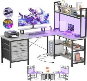 L Shaped Desk with Hutch, Gaming Desk with Led Lights, Reversible Computer Desk with Power Outlet, Corner Desk with File Drawer & Monitor Stand, Storage Shelves for Home Office, White Oak