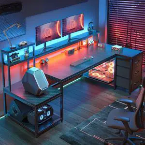 71"L Shaped Gaming Desk with LED Lights, L Desk with 3 Drawers, Computer Desks with Printer Shelf, Power Outlet, Reversible Home Office Desks with Storage and Monitor Stand, Black Carbon Fiber