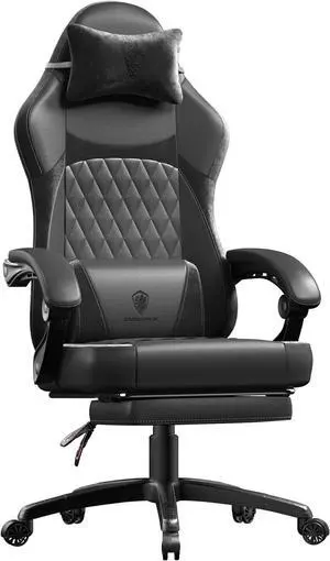 Gaming Chair with Pocket Sp Cushion, Ergonomic Computer Chair with Massage Lumbar and Footrest for Adults, High Back Game Chair Leather for Office Gaming 300LBS, All White (Black)