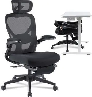 Foldex Ergonomic Office Chair, Folding Chair for Small Spaces with Lumbar Support, Flip-up Armrests, 3D Headrest, Desk Chairs with Footrest for Work,Video Game (Foam Seat, Black)