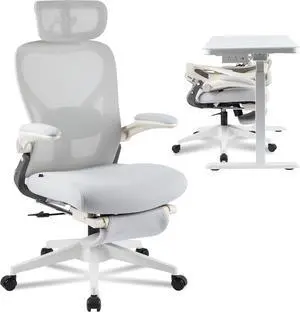 Foldex Ergonomic Office Chair, Folding Chair for Small Spaces with Lumbar Support, Flip-up Armrests, 3D Headrest, Desk Chairs with Footrest for Work,Video Game (Foam Seat, Grey)