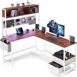 L Shaped Desk with Pegboard and Drawers, Reversible 67 Gaming Desk with RGB Light and Power Outlet, Computer Corner Desk with Storage and Hutch for Game Office Home, Brown