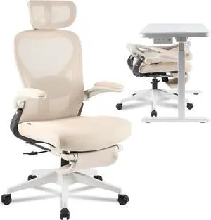 Foldex Ergonomic Office Chair, Folding Chair for Small Spaces with Lumbar Support, Flip-up Armrests, 3D Headrest, Desk Chairs with Footrest for Work,Video Game (Foam Seat, Cream)