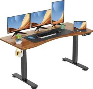 Electric Standing Desk Adjustable Height, 55x24 Inches Computer Desk with Ergonomically Curved Desktop, Multifunctional Stand up Desk for Home/Office(Brown)