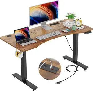 Electric Standing Desk Adjustable Height, 48x24 Inches Stand Up Desk with Outlet, Lockable Casters,27''-46'' Lifting Range Home Office Computer DeskBrwon