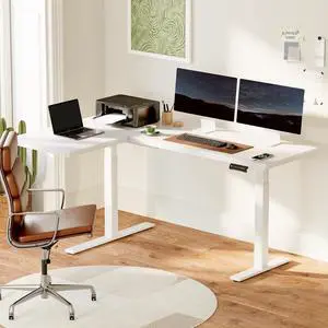 71-Inch Large Dual Motor L-Shaped Electric Height Adjustable Standing Desk - Reversible Panel - White Top/White Frame - Ideal for Gaming, Home Office or Computer Workstation
