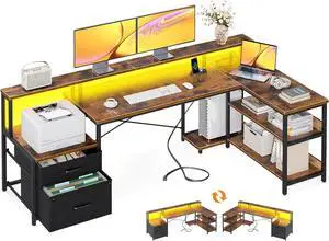 L Shaped Desk with File Drawer, 75" Reversible L Shaped Computer Desk with Power Outlet & LED Strip, Office Desk with Storage Shelves, Gaming Desk with Monitor Shelf, Corner Desk, Vintage