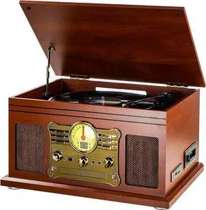 Turntable Bluetooth with Stereo Speakers, Support Vinyl-to-MP3 Recording Converter with CD, Cassette Player, FM, aux-in and Headphone Jacks, Brown
