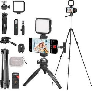 Upgraded Vlogging Kit w/Wireless Lavalier Microphone,YouTube Kit for iPhone and Smartphone w/59 Retractable Tripod,Automatic Switch Phone Clamp,Content Creator Gear for TikTok(Vlog K5)