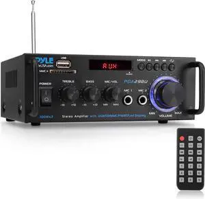 200W Wireless Bluetooth Stereo Power Amplifier - 2-Channel Audio Receiver with RCA - USB - SD - MIC IN - FM Radio - Remote Control - AUX Input for Home Theater & Studio Use - PDA29BU.6