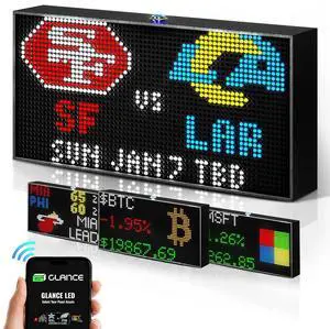 Glance LED Ticker - Customizable LED Display Sports Ticker, LED Display for Man Cave, Stock Market Ticker Display, Sports Score Retro Smart Pixel Display, Weather Display - 8"x4" Made in USA