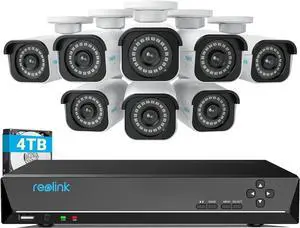 4K Security Camera System, RLK16-800B8 8pcs H.265 PoE Wired with Person Vehicle Detection, 8MP/4K 16CH NVR with 4TB HDD for 24-7 Recording