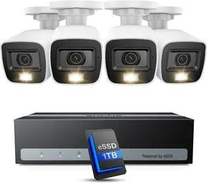 Security Camera System, 3K Lite 5-in-1 H.265+ 8CH eDVR with 1TB eSSD and (4) 1080p (2MP) Weatherproof Surveillance Wired Cams, AI HumaVehicle Detection, Smart Color Night Vision, Email Alert