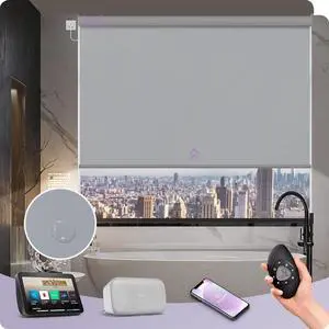 Motorized Roller Shade 100% Blackout Compatible with Alexa Google Waterproof Vinyl Fabric Remote Control Hardwired Window Shades Window Blinds, Customized Size (Light Grey)