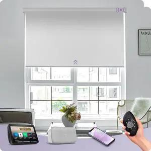 Motorized Roller Shade Work with Alexa Google 100% Blackout Rechargeable Smart Blinds Remote Control Battery Motor Cordless Window Shades, Customized Size (Bright White)
