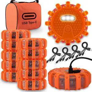 USB-C Rechargeable LED Road Flares Emergency Lights-Large Caity (Lithium Battery) 3 in 1 Cable Roadside Warning Car Safety Beacon Flashing Disc Flare Kit with Magnetic Base for Vehicles