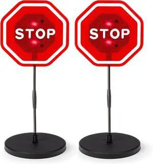 LED Flashing Stop Sign Parking Assistant for Garage 7 Large Bright Red Sign, Adjustable Height to 52"- Warning Car Stop Indicator Sensors for Vehicles- Bumper Guard for Driveaway- 2Pk