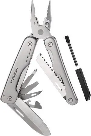 S803E Elite Flash Multitool with 20 functions including strong pliers, Flint Rod, full-size lockable blades for Outdoor Essential Survival Tool (D2 Blade)