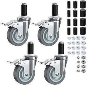 Caster Wheels Locking 4 Inch Expanding Stem Casters, Threaded Swivel Casters Set of 4 Heavy Duty Castors, Fit 1", 1-1/4", 1-2/5", 1-5/8" ID Stainless Steel Table, C, Furniture Legs