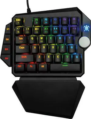 H5 One Handed Macro Gaming Keyboard - Tactile + Clicky - Rotating Backlit RGB Colors - Removable Wrist Rest - 39 Keys + knob - 4 Customizable Macro presets