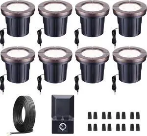 Landscape Well Light Kit, 8 k LED Low Voltage In Ground Lights and 100W Transformer and 100FT Cable and 30 Wire Connectors, IP67 Waterproof 12V Outdoor, Aluminum for Sidewalk Tree Path
