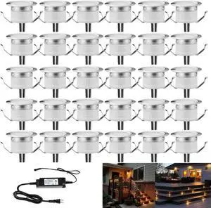 LED Deck Lights Set, 30pcs 1.22 Low Voltage Waterproof Recessed Deck Lamp Warm White LED In-ground Lighting Outdoor Garden Yard Pathway Patio Step Stairs Decor
