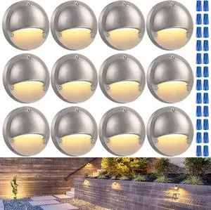 12-k LED Low Voltage Deck Lights, 170LM 4.09inch Landscape Step Railing Fence Light, 12-36V AC/DC, Die-cast Aluminum Housing & Frosted Glass Lens, UL Cord, Satin Nickel, 3000K Warm White