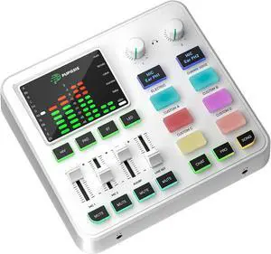 PUPGSIS qwe Gaming Audio Mixer, Audio Interface for PC/Podcast/Streaming, Sound Board with 3.5mm/XLR Mic Input, 48V Phantom Power, Voice Changer, Live Sound Card with DJ Mixer Effects(White)