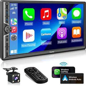 7-inch Double Din Car Stereo with Wireless CarPlay & Android Auto, HD Touchscreen, Backup Camera, Bluetooth 5.0, 4.2-Channel Audio, FM/AM Radio,Mirror Link