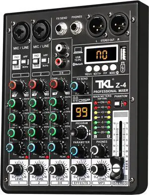 4 Channel Audio Mixer, Professional DJ Mixer Sound Board Mixing Console with 99-Bit DSP Effect, Bluetooth USB Interface Stereo Mixer Board with 48V Phantom Power For Recording Live Stream
