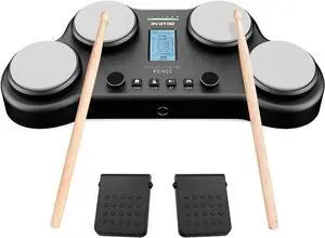PD405 Tabletop Electric Drum Set, With 163 Percussion Sounds, 4 Velocity-Sensitive Drum Pads, 2 Pedals and Drum Sticks Birthday Gift