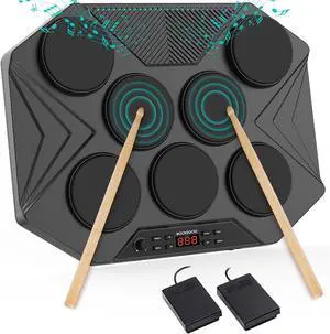 Electronic Tabletop Drum Set, Portable Digital Drum Kit 7 Velocity Sensitivity Drum Pads, LED Music Level Light, USB-MIDI Mac & PC Support, Ideal Gift for Adult and Beginners