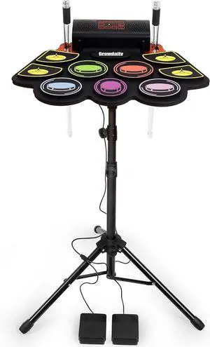 Electric Kids Drum Set,Electronic Drum Set Practice 9 Pads With Stand,Music Recording,Light Up Drum Sticks,Drum Pedal,Midi,Dual Stereo Ser(Rainbow)