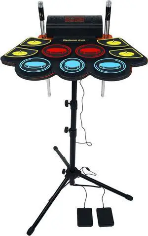 (9 Pads) Electronic Drum Set with Light Up Drumsticks and Stand, Electronic Drum Pad with 5 Different Drum Kit, 10 Unique Rhythms, Bulit-in Double Sers, Roll Up Drum Kit, Kids Drum Set