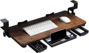 Keyboard Tray Under Desk with Drawer,26.77" X 11.81"Large Size Keyboard Tray with C Clamp-on Mount, Easy to Install, for Home Office (Mahogany)