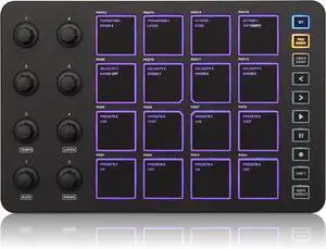 Wireless MIDI Controller Pads, Bluetooth Portable USB MIDI Controller with 16 MPC Drum Pads, 8 Assignable Knobs, Note Repeat, Full Level Buttons, Rechargeable battery (Black Pad)