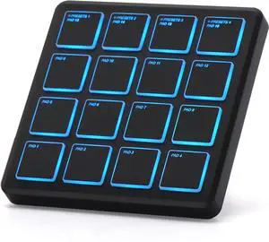 Wireless MIDI Controller Pads, 4.1 * 4.1 Inch, 0.28 LBS, Bluetooth Portable USB with 16 Drum, Note Repeat, Full Level Buttons, Rechargeable battery (Black Pocket)
