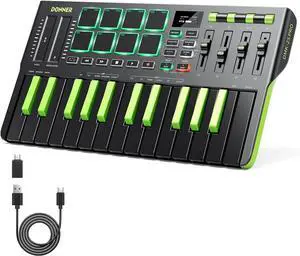 DMK25 Pro MIDI Keyboard Controller, 25 Mini Key Portable USB-C MIDI Keyboard with 8 Drum Pads, OLED Display, Personalized Touch Bar, Music Production Software and 40 Teaching Courses, Green