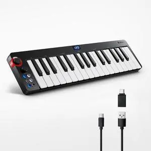 USB MIDI Keyboard Controller MINI 32-Key,  N-32 with Screen, Sequencer, Chord, Bend Sound Effects By Light-up Joystick for Mac/PC, Music Production Software, 40 Teaching Courses