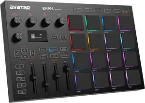EMP16 MIDI Pad Controller Beat Maker Machine With Bluetooth, 16 RGB Velocity Sensitive Beat Pads, 16 Level, Full/Half Level, OLED Display, MIDI In/Out