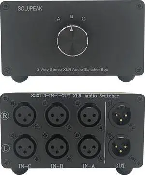 3-Way XLR Stereo Audio Switch Box, Balanced Audio Converter, Passive Signal Source Audio Input Selector Switcher Splitter Box 3 in 1 Out (X301)