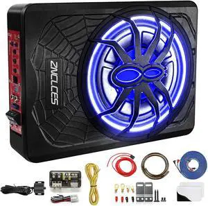 2025 Upgraded 10"1200W Slim Under Seat Powered Car Subwoofer, Car/Truck Sub Built in Amplifier for outstanding Heat Dissipation, Powerful bass and Blue LED Ambient Light enjoy Audio Experience