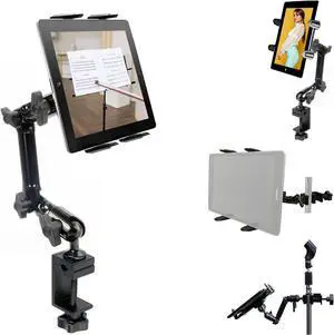 Heavy Duty 4-Way Adjust Aluminum Alloy Pole/Bar Music Mic Microphone Stand Clamp Mount for iPad Pro Air Mini Galaxy Surface Pro 7-12" Tablets (Good for Uber Eat Doordash Postmate salso)